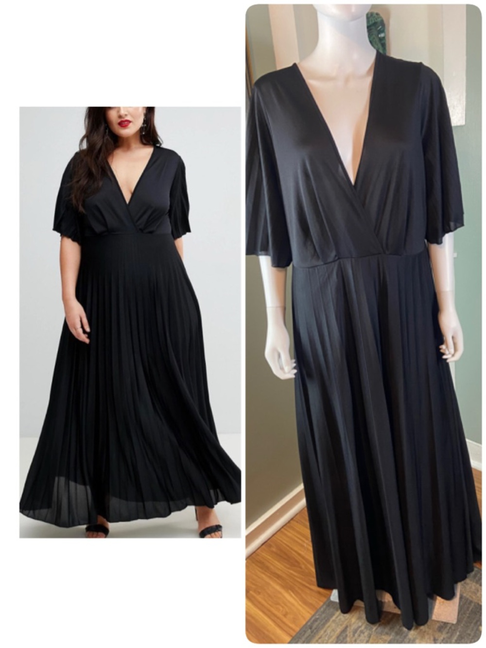 ASOS Curve Kimono Black Wrap V-Neck Pleated Pleat Maxi Dress Sz 18 Plus Size
